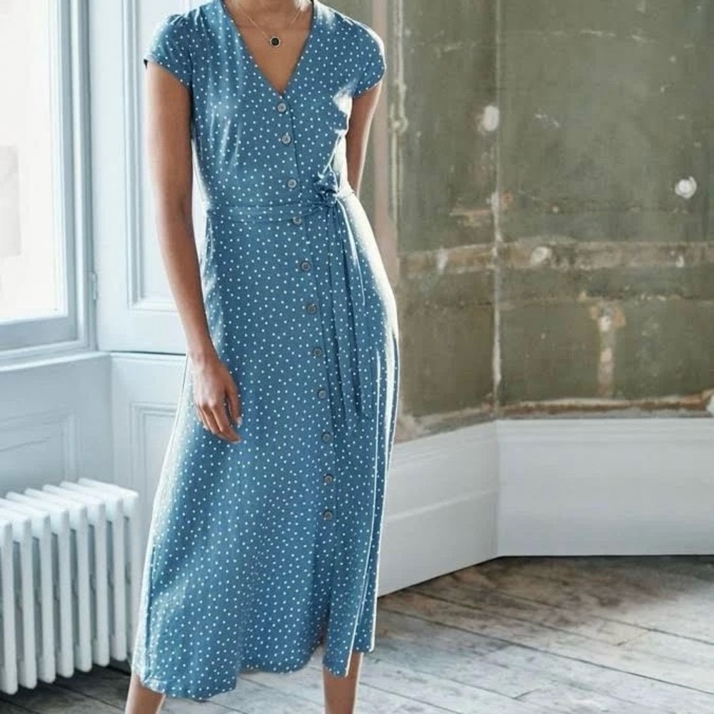 Boden Frances Jersey Midi Dress in Blue and White Polka Dot Print